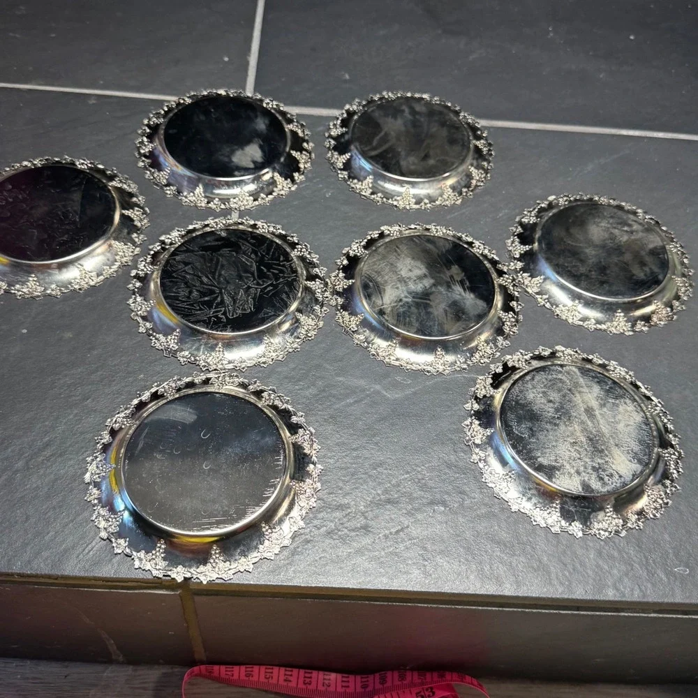 Vintage Silver Plate Grape Leaf Coasters Set of 8 Monogrammed GK Ornate Rim 4in‎